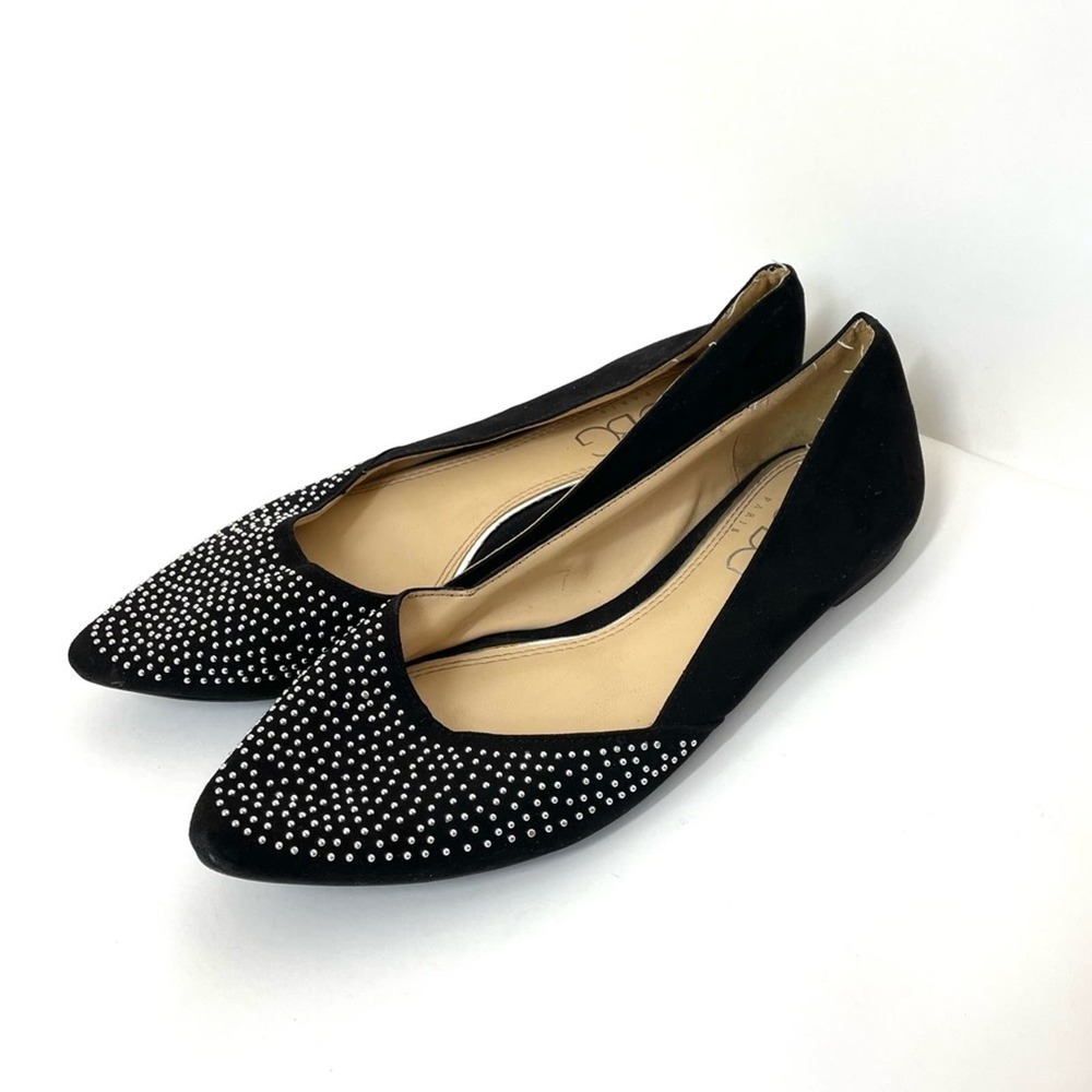 BCBG Paris Suede Studded Pointed Toe Loafer Flats Black Size 6B / 36